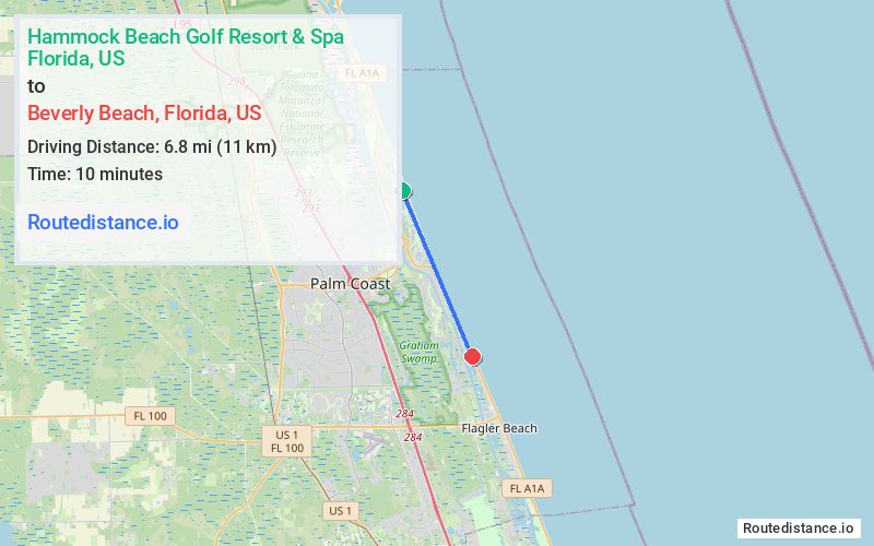 Route map from Hammock Beach Golf Resort & Spa to Beverly Beach