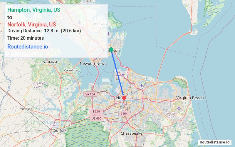 Distance from Hampton to Norfolk