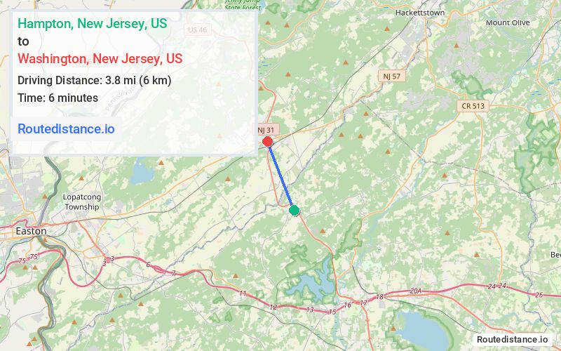 Distance from Hampton to Washington