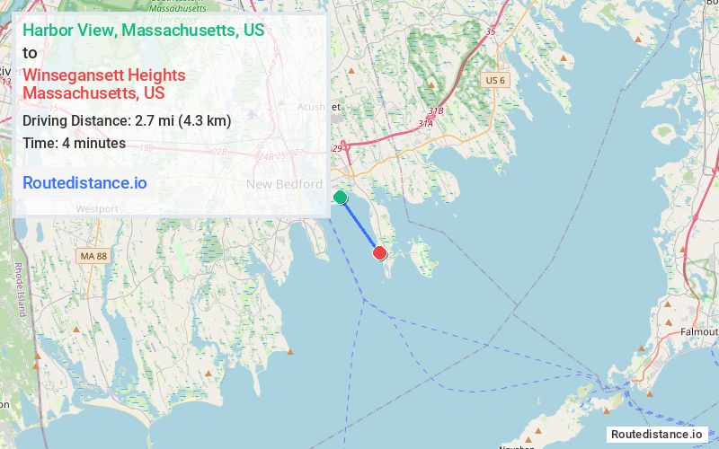 Route map from Harbor View to Winsegansett Heights