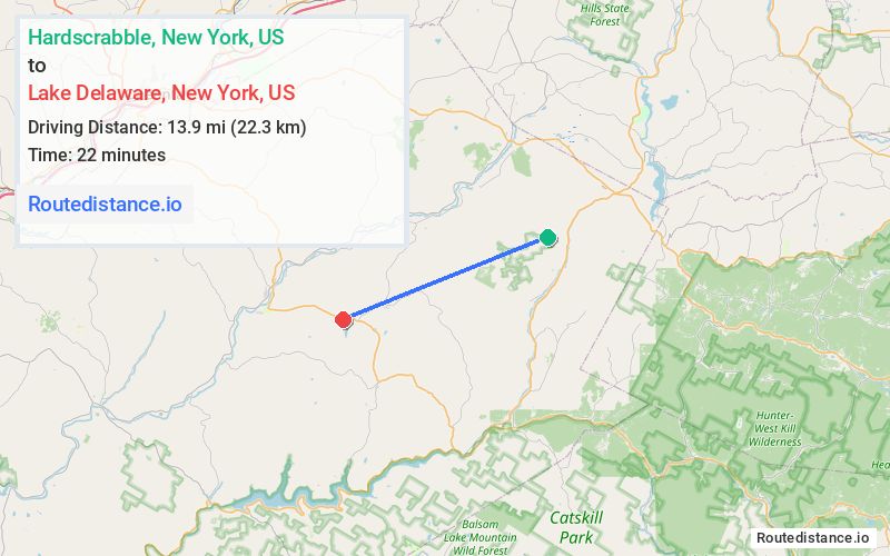 Route map from Hardscrabble to Lake Delaware