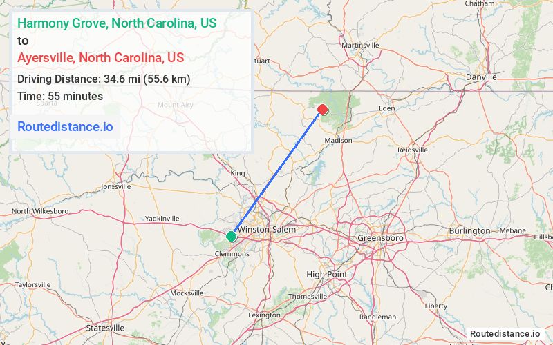 Distance from Harmony Grove to Ayersville