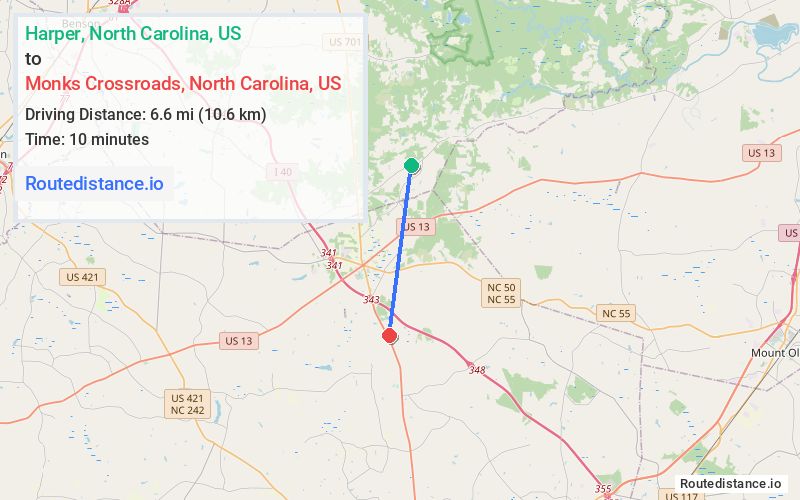 Route map from Harper to Monks Crossroads