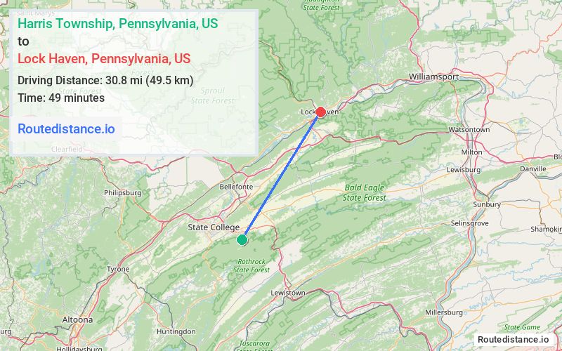 Route map from Harris Township to Lock Haven