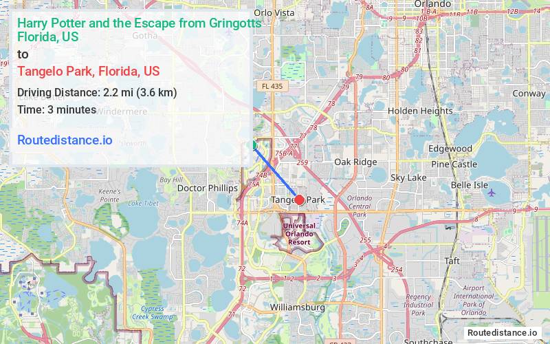 Distance from Harry Potter and the Escape from Gringotts to Tangelo Park