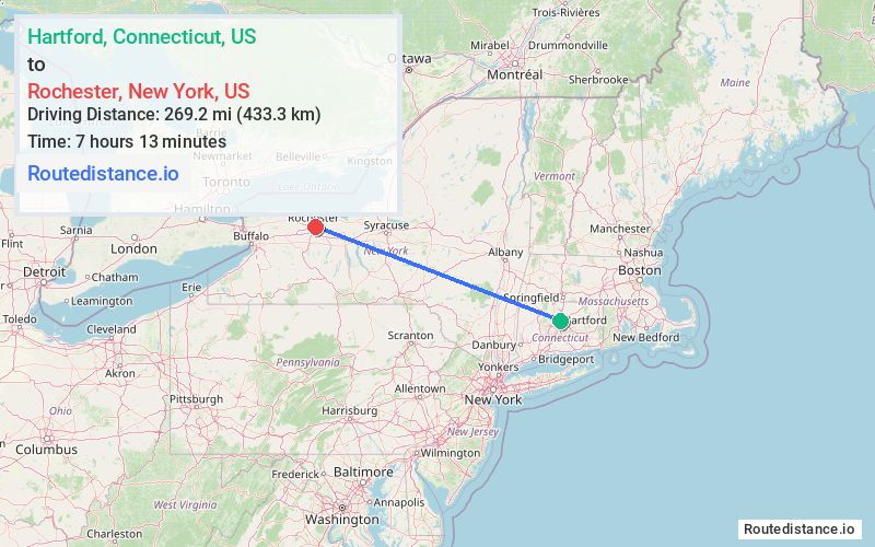Route map from Hartford to Rochester