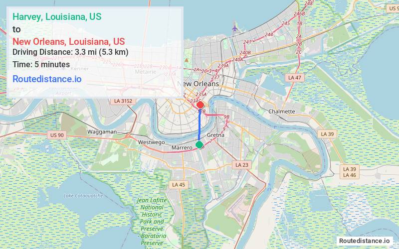 Route map from Harvey to New Orleans