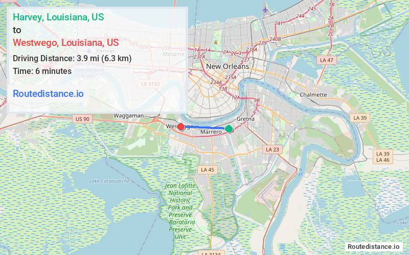 Route map from Harvey to Westwego