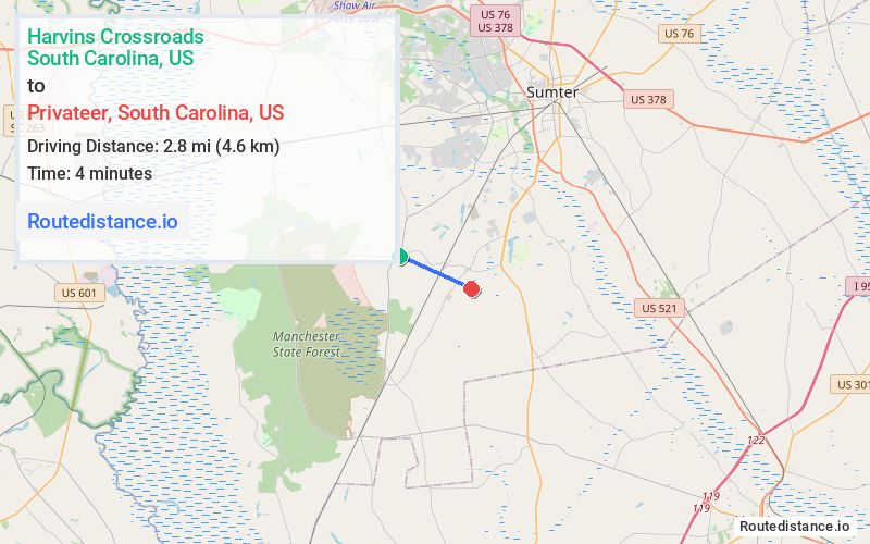 Route map from Harvins Crossroads to Privateer