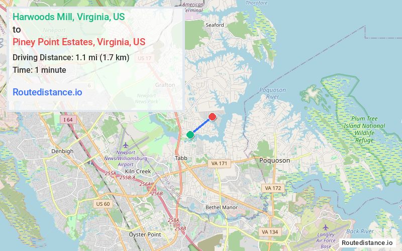 Route map from Harwoods Mill to Piney Point Estates