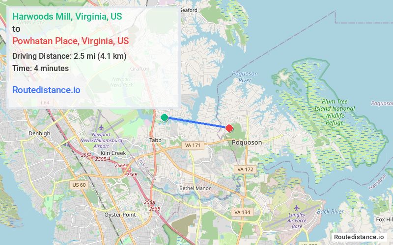 Route map from Harwoods Mill to Powhatan Place