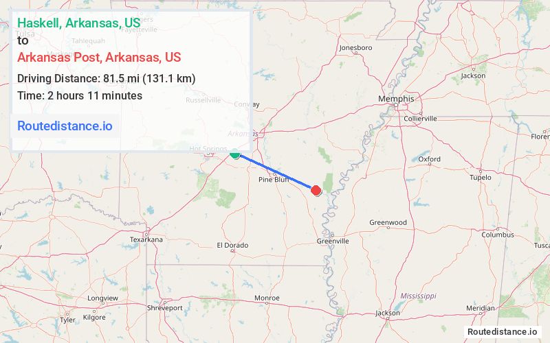 Route map from Haskell to Arkansas Post