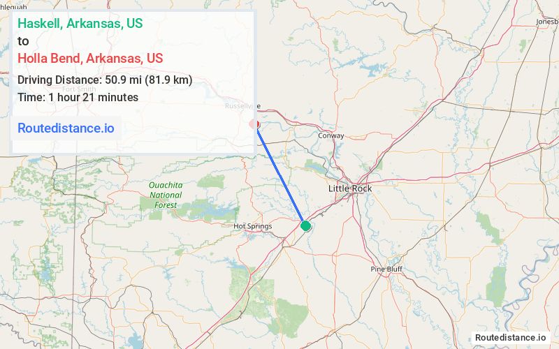 Route map from Haskell to Holla Bend