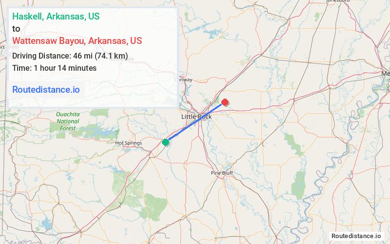 Route map from Haskell to Wattensaw Bayou