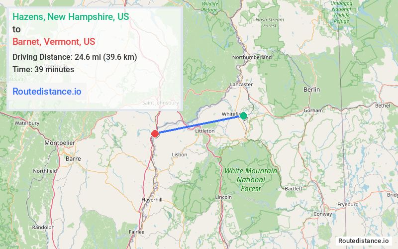 Distance from Hazens to Barnet