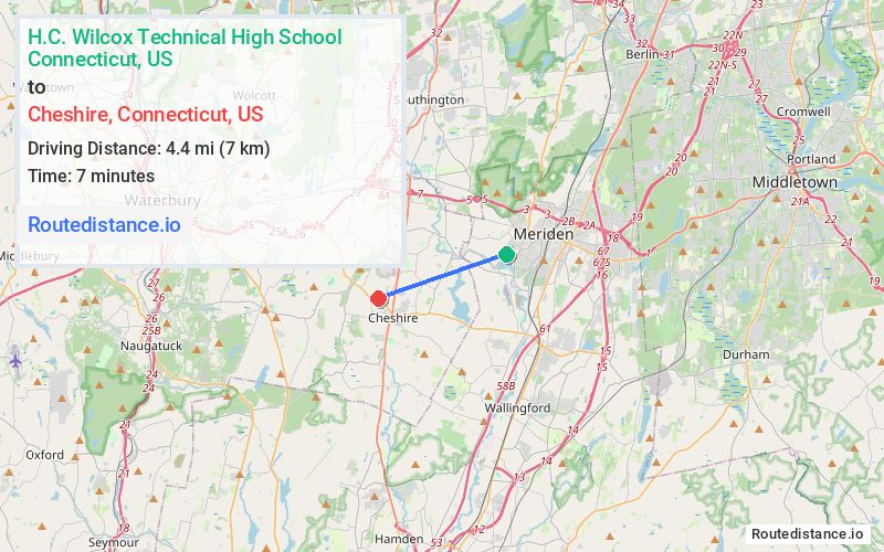 Route map from H.C. Wilcox Technical High School to Cheshire