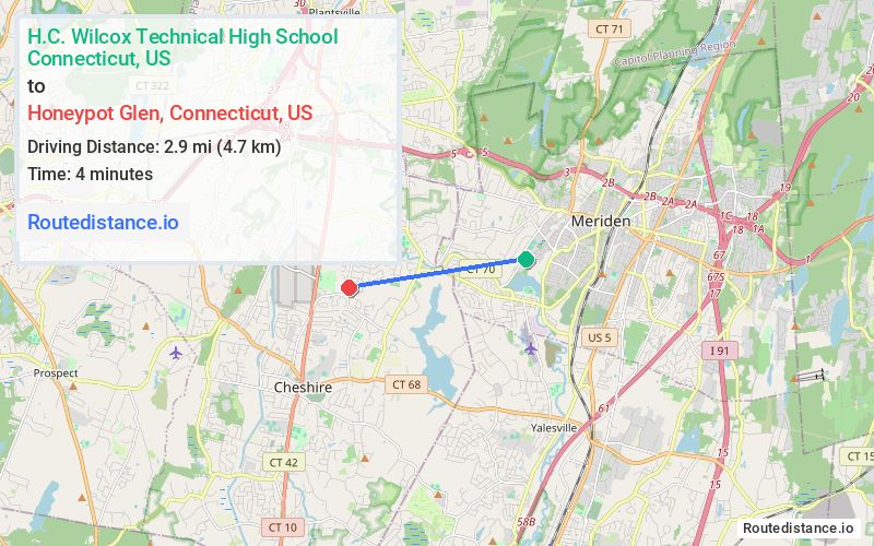 Route map from H.C. Wilcox Technical High School to Honeypot Glen
