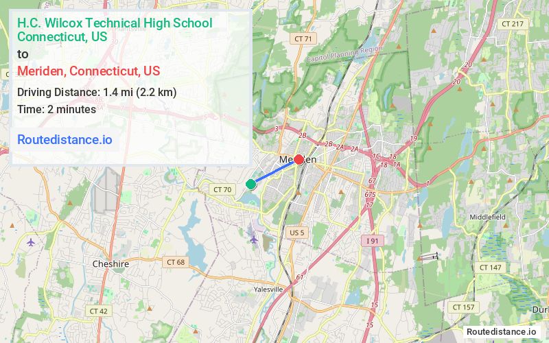 Route map from H.C. Wilcox Technical High School to Meriden
