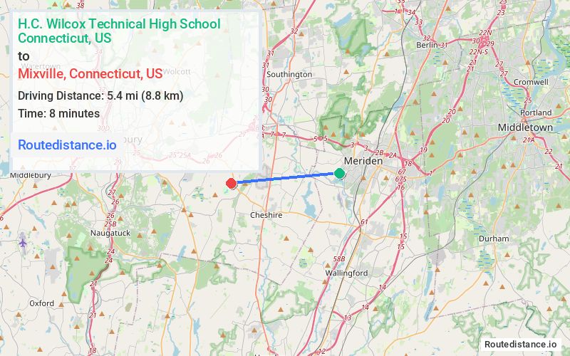 Route map from H.C. Wilcox Technical High School to Mixville
