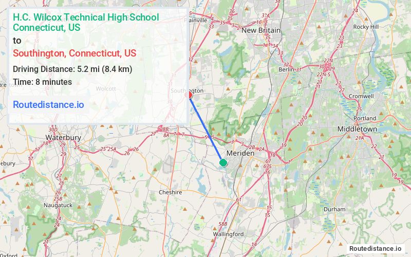 Route map from H.C. Wilcox Technical High School to Southington