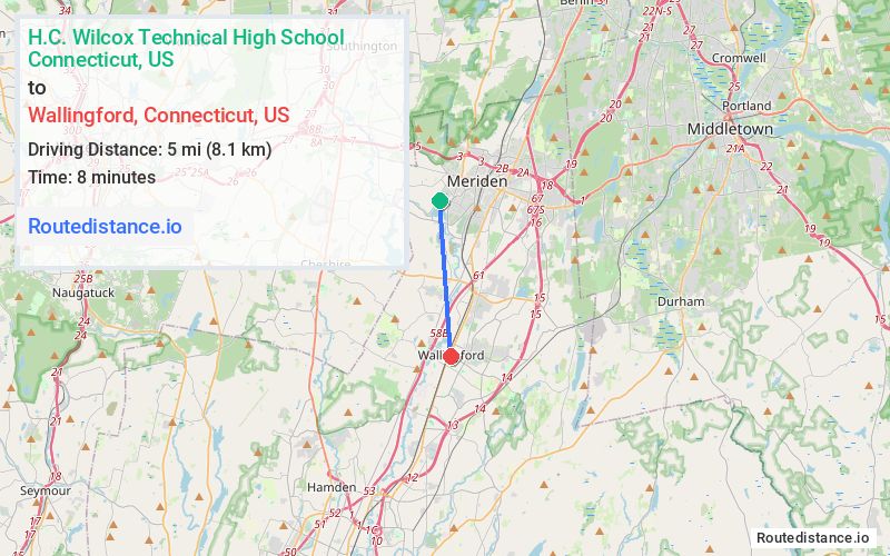 Route map from H.C. Wilcox Technical High School to Wallingford