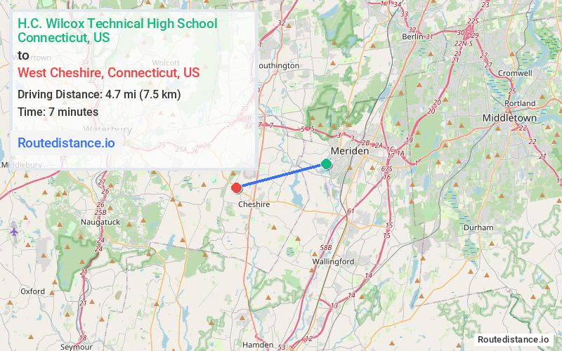 Route map from H.C. Wilcox Technical High School to West Cheshire