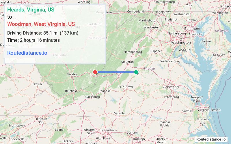Route map from Heards to Woodman