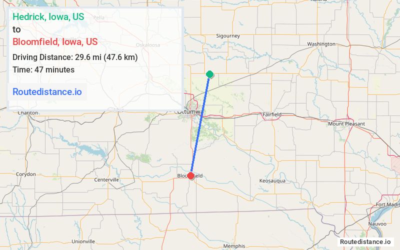 Route map from Hedrick to Bloomfield