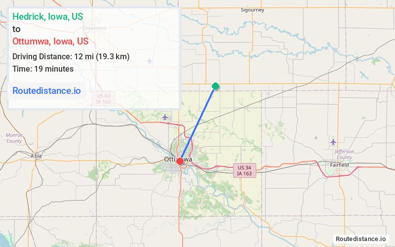 Route map from Hedrick to Ottumwa