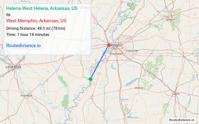 Route map from Helena-West Helena to West Memphis