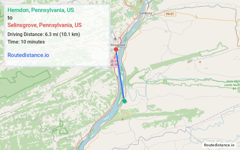Route map from Herndon to Selinsgrove
