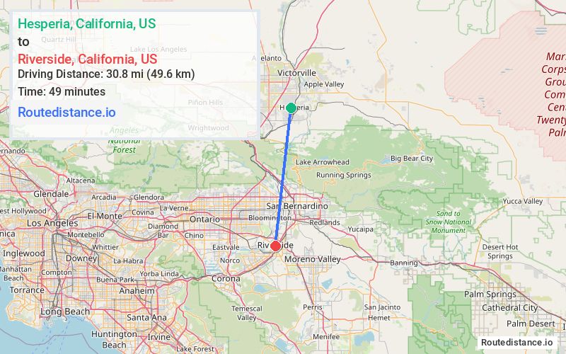 Route map from Hesperia to Riverside
