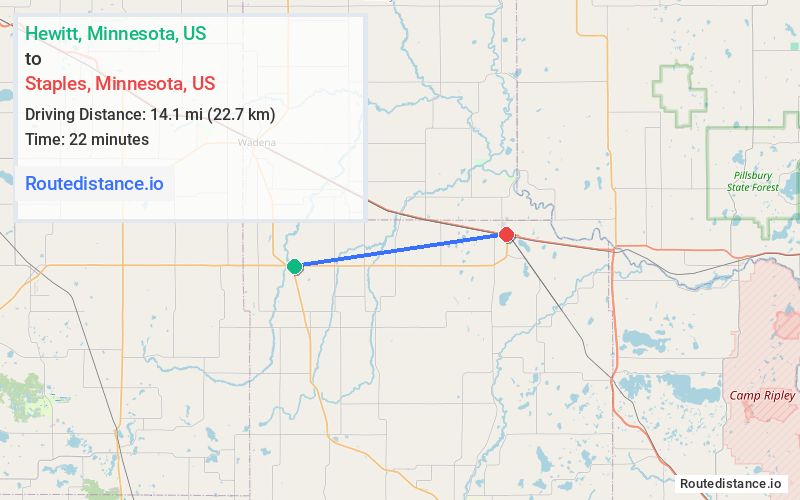 Route map from Hewitt to Staples