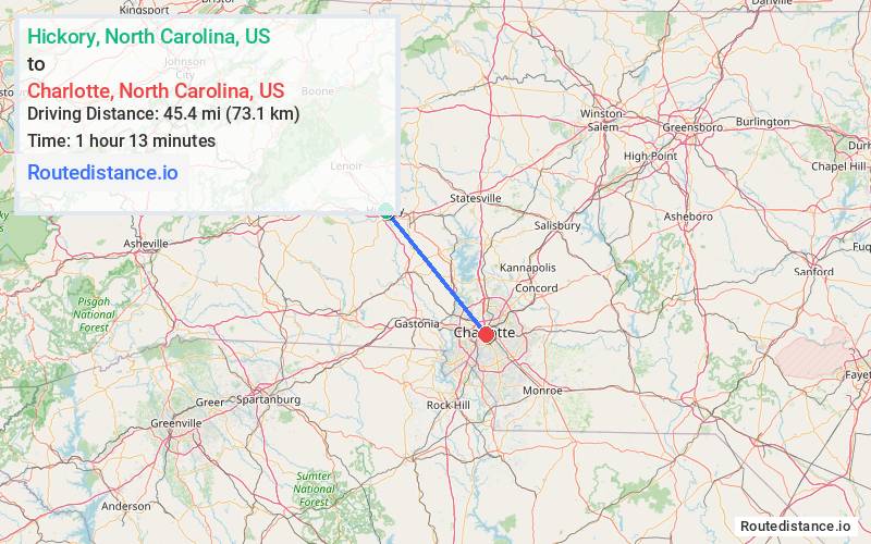 Route map from Hickory to Charlotte