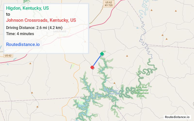 Route map from Higdon to Johnson Crossroads