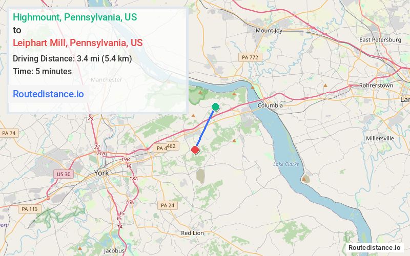 Route map from Highmount to Leiphart Mill