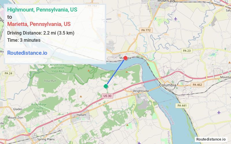 Route map from Highmount to Marietta