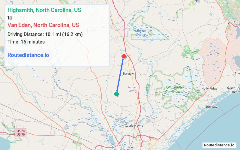 Route map from Highsmith to Van Eden