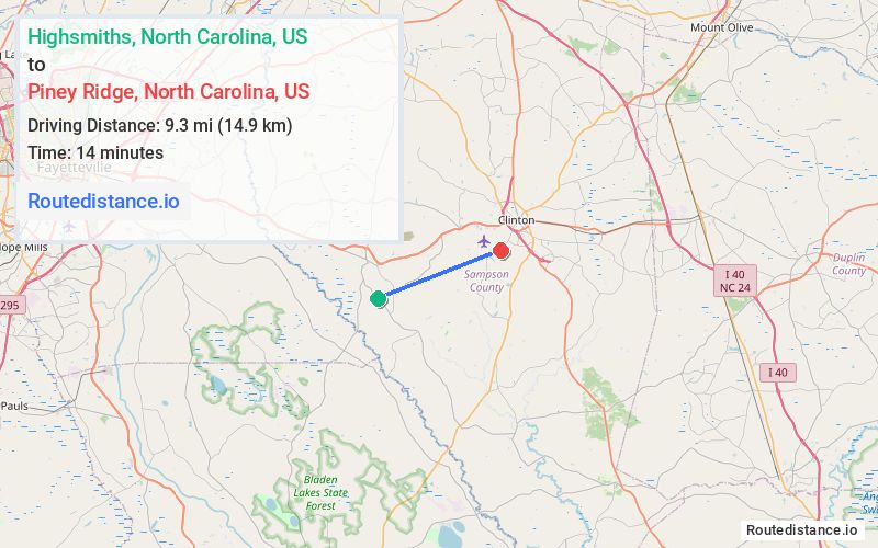 Route map from Highsmiths to Piney Ridge
