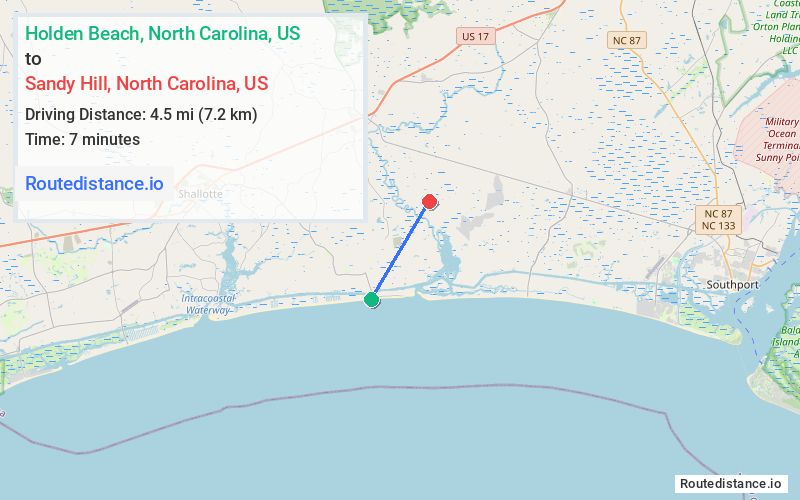Route map from Holden Beach to Sandy Hill