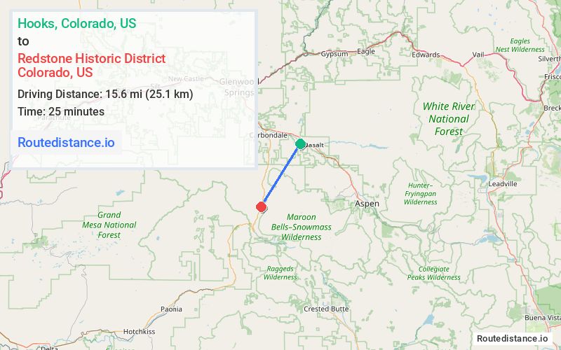 Route map from Hooks to Redstone Historic District