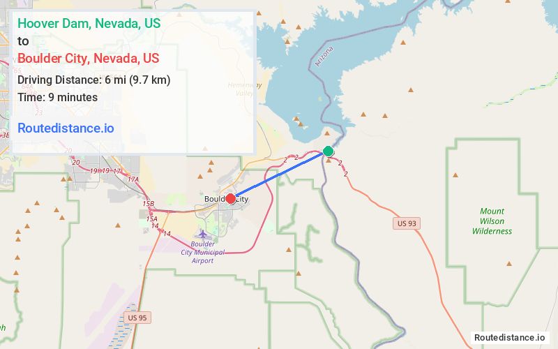 Route map from Hoover Dam to Boulder City