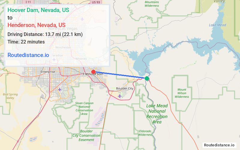 Route map from Hoover Dam to Henderson