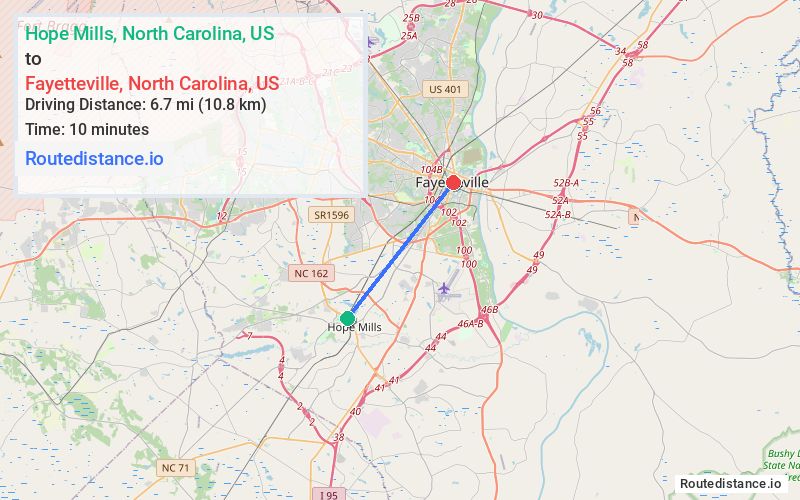 Route map from Hope Mills to Fayetteville