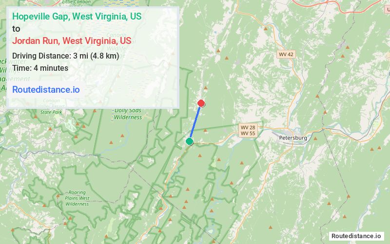 Route map from Hopeville Gap to Jordan Run