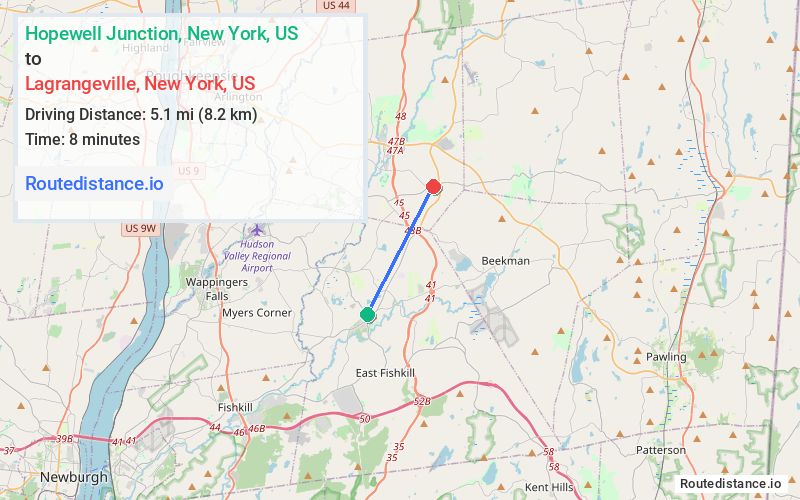 Route map from Hopewell Junction to Lagrangeville