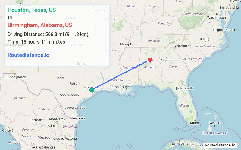 Route map from Houston to Birmingham