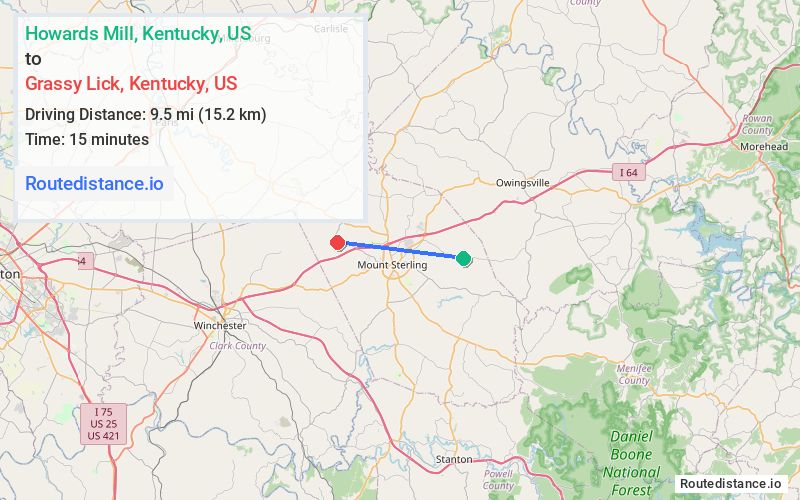 Route map from Howards Mill to Grassy Lick