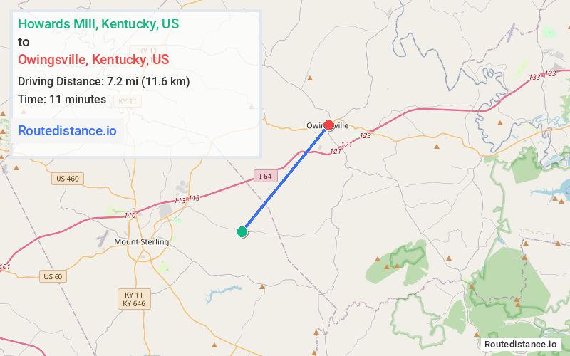 Route map from Howards Mill to Owingsville