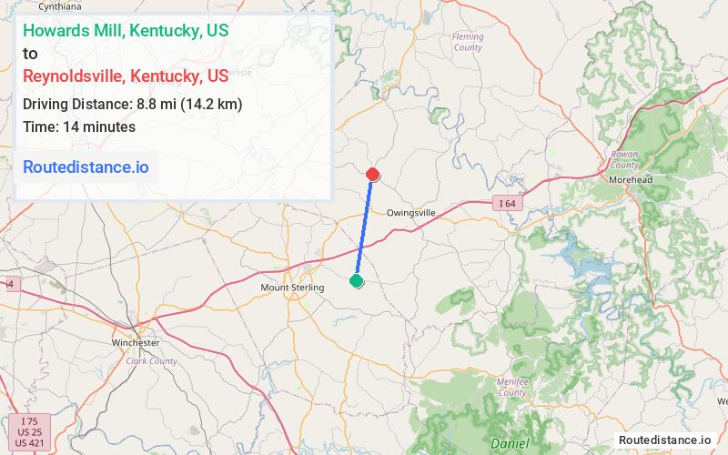 Route map from Howards Mill to Reynoldsville